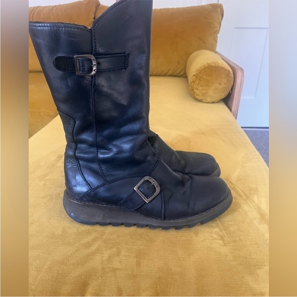 Fly London MES 2 Black Leather Mid-Calf Lug Sole Wedge Boots | EU 38 - Picture 5 of 9